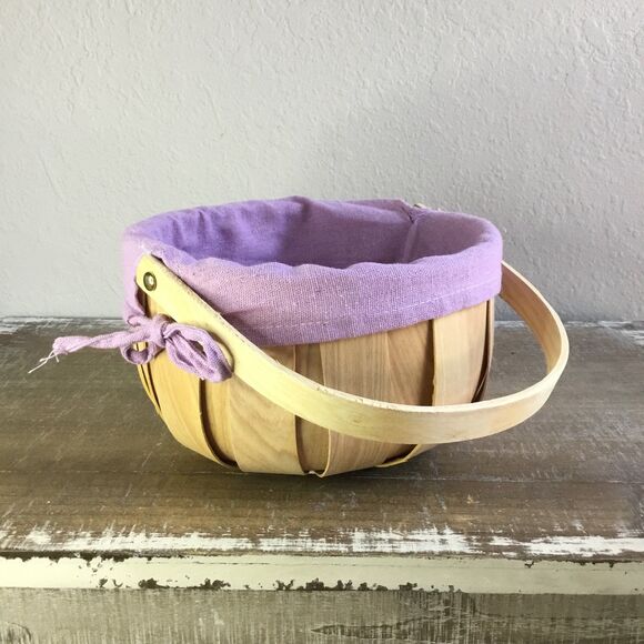 Round basket with movable handle and lilac fabric washable liner farmers market - Picture 2 of 7